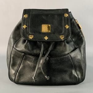 MCM Vintage Small Black Gold Leather Drawstring Backpack